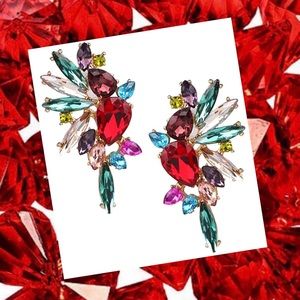 Red Colorful Crystal Post Statement Earrings
